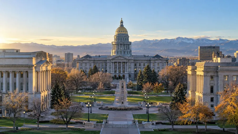 Illustrative view of the Colorado State Capitol and surrounding civic buildings in early morning light.