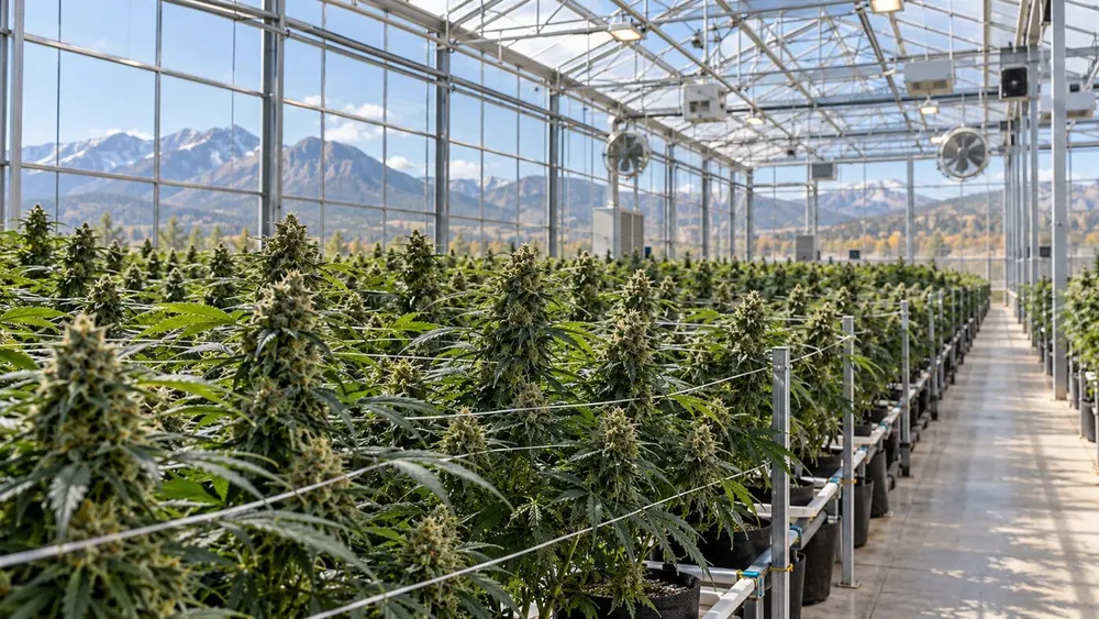 Commercial cannabis plants growing in a glass Colorado greenhouse with mountain foothills beyond