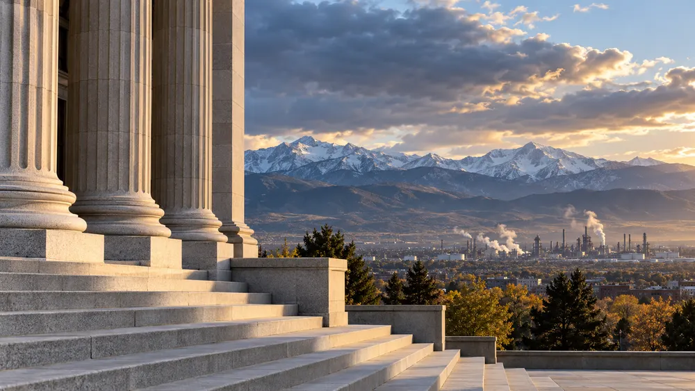 Illustrative courthouse columns before Colorado mountains with a distant industrial skyline under changing clouds.