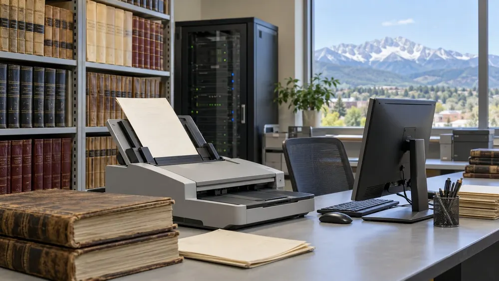 A document scanner, archival record books and a secure computer station in a Colorado county records office.