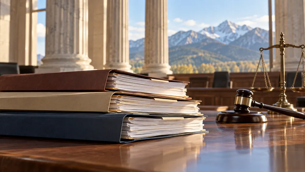 Layered insurance policy folders on a desk with courthouse columns in the background.