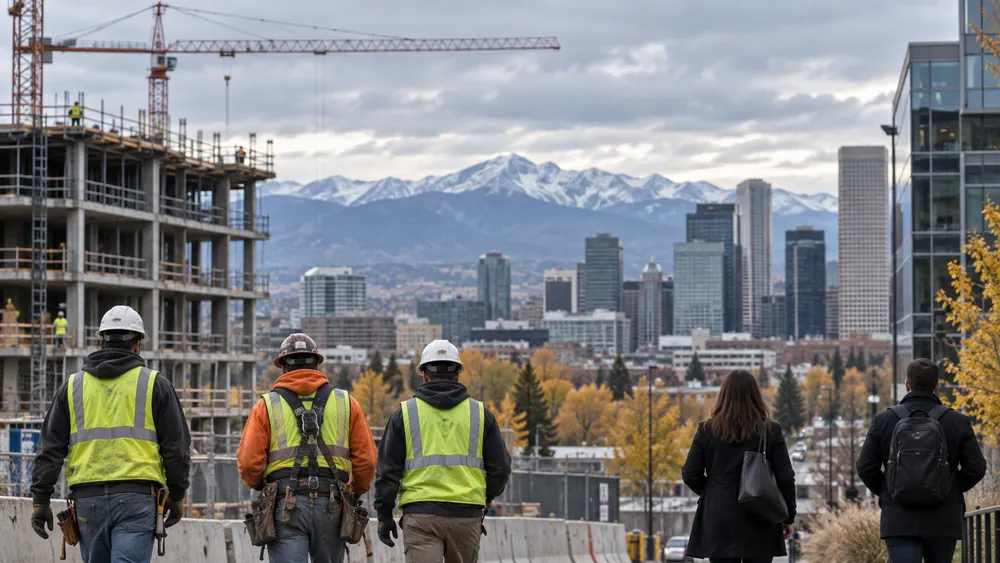 Workers stand near a Colorado construction and office district with the Rocky Mountains beyond.