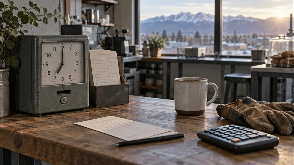 An unbranded time clock, blank timecards, calculator and work gloves on a small-business worktable with Colorado mountains visible through a window.