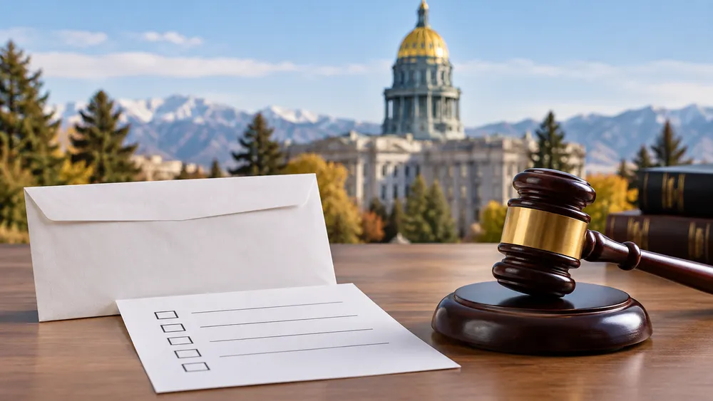 Unmarked ballot materials and judge's gavel with a softly blurred state capitol dome