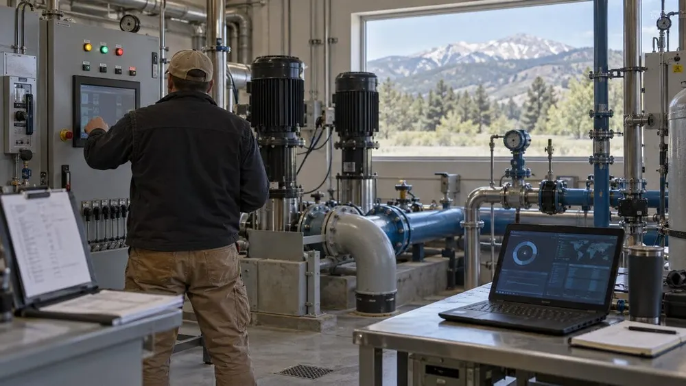 Anonymous operator inspecting control equipment inside a generic small Colorado drinking-water facility.