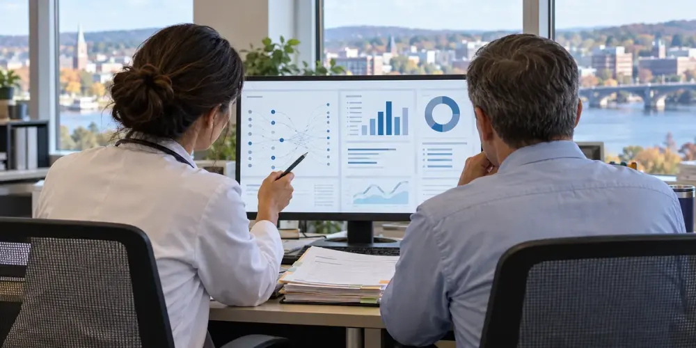 A healthcare professional and insurance reviewer examine abstract claims data on a computer in a Connecticut office.