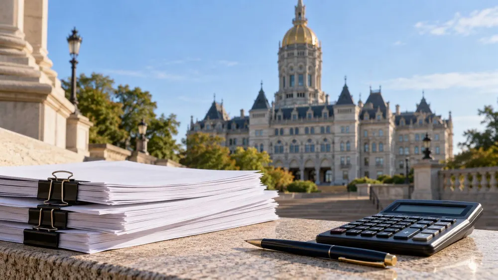 Bond documents and a calculator outside a Connecticut civic building.