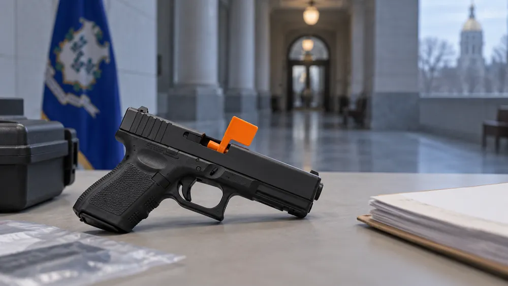 A secured generic handgun with a chamber flag on an evidence table near a blurred courthouse corridor.
