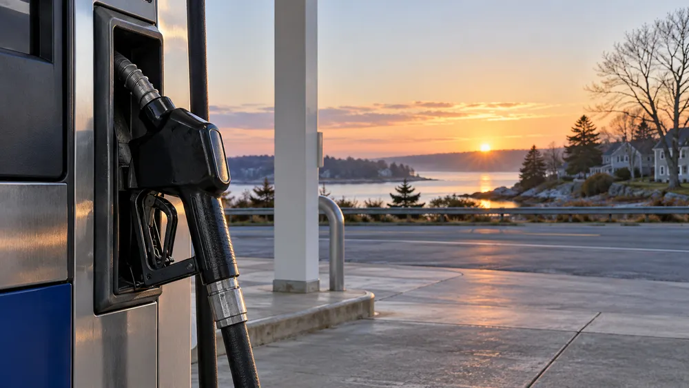 A generic gasoline pump and fuel nozzle at a quiet Connecticut service station at dawn.