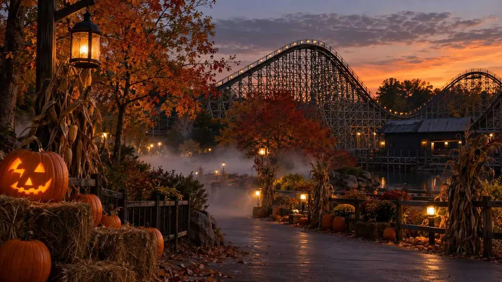 A wooden roller coaster at dusk surrounded by autumn foliage, pumpkins and light theatrical fog