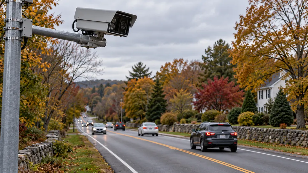 A roadside traffic camera above a Connecticut road in early autumn