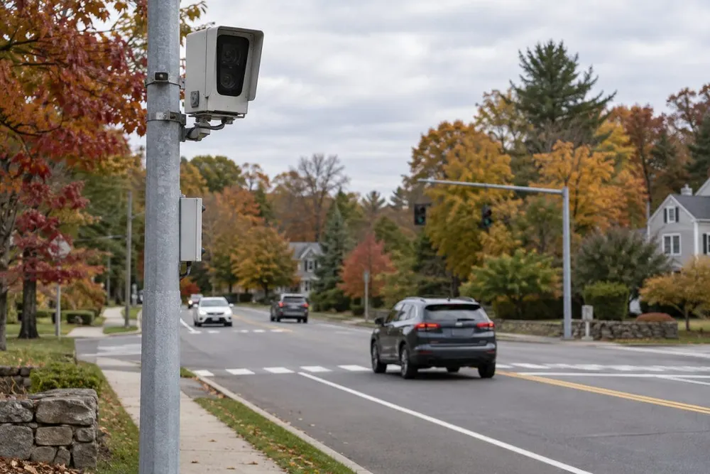 Conceptual view of an automated roadway camera beside a suburban Connecticut street in autumn