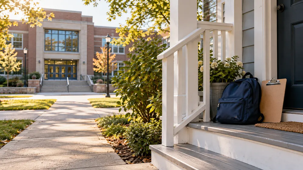 Illustrative view linking a quiet school entrance with a residential porch, a clipboard and an unbranded backpack.