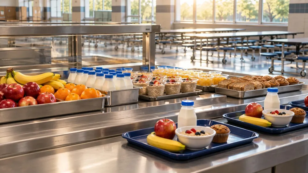 Illustrative public-school cafeteria prepared with fruit, milk and breakfast trays