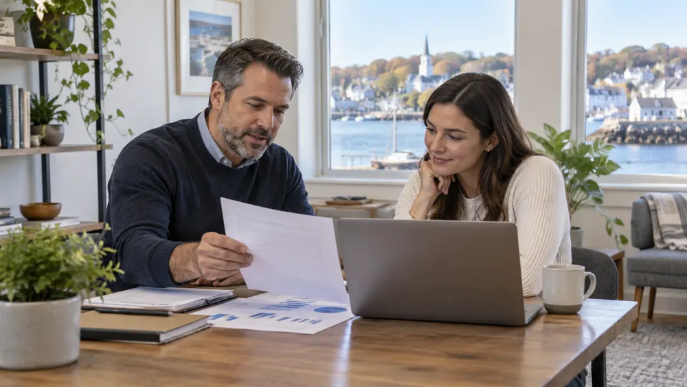 A small-business owner and employee review health-plan materials in a bright Connecticut office.