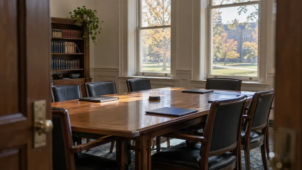 Empty university conference room with closed folders on a wooden table and an autumn campus visible through the windows.
