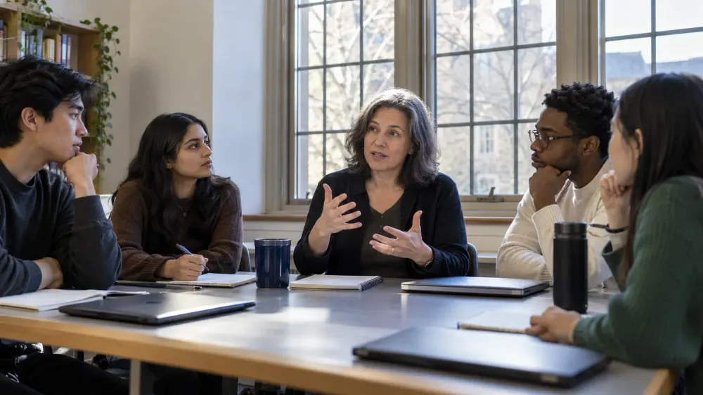 A professor and four college students discussing ideas around a seminar table in a sunlit classroom.