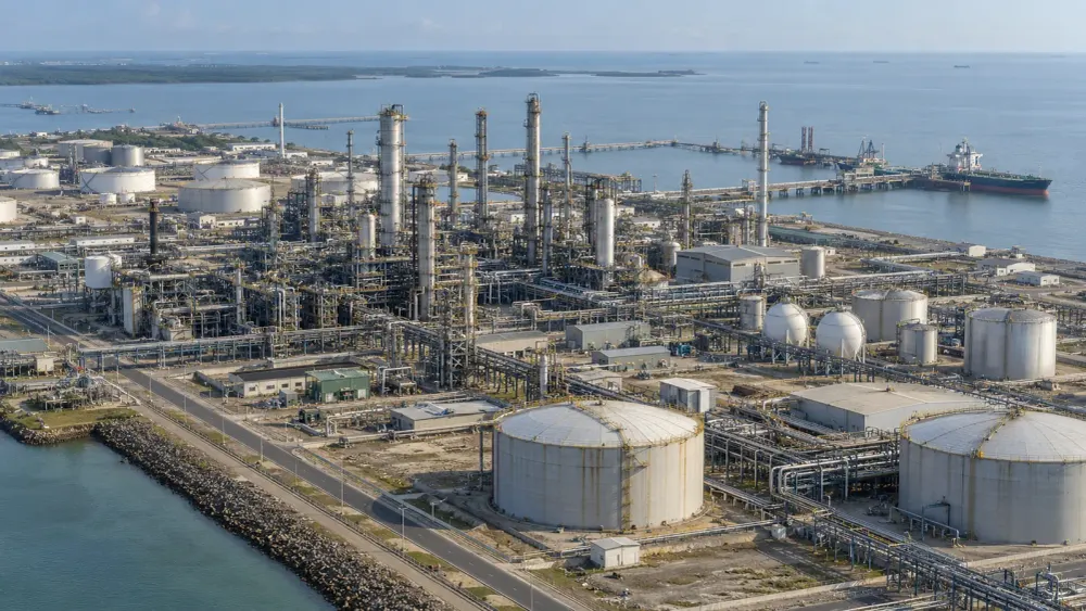 Large unbranded coastal petroleum refinery viewed from above in neutral daylight