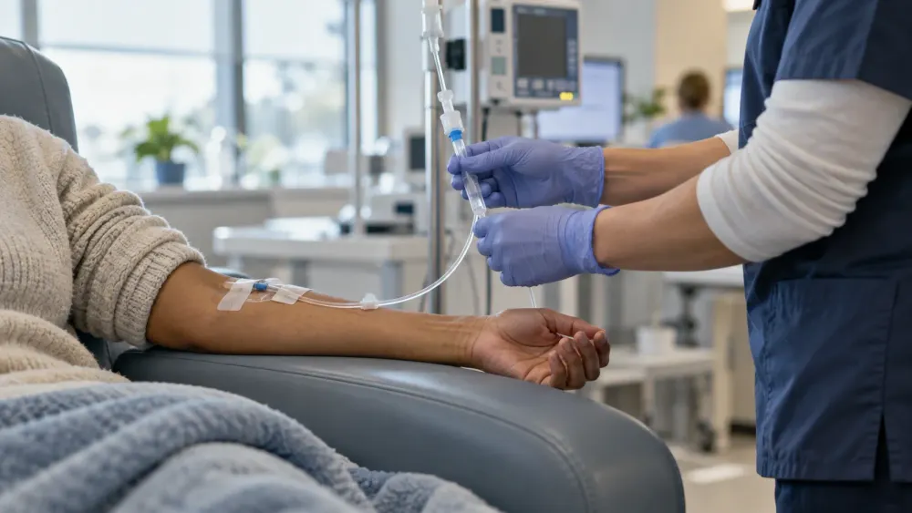 A clinician checks an IV infusion line beside a patient’s arm in a modern clinical research suite.