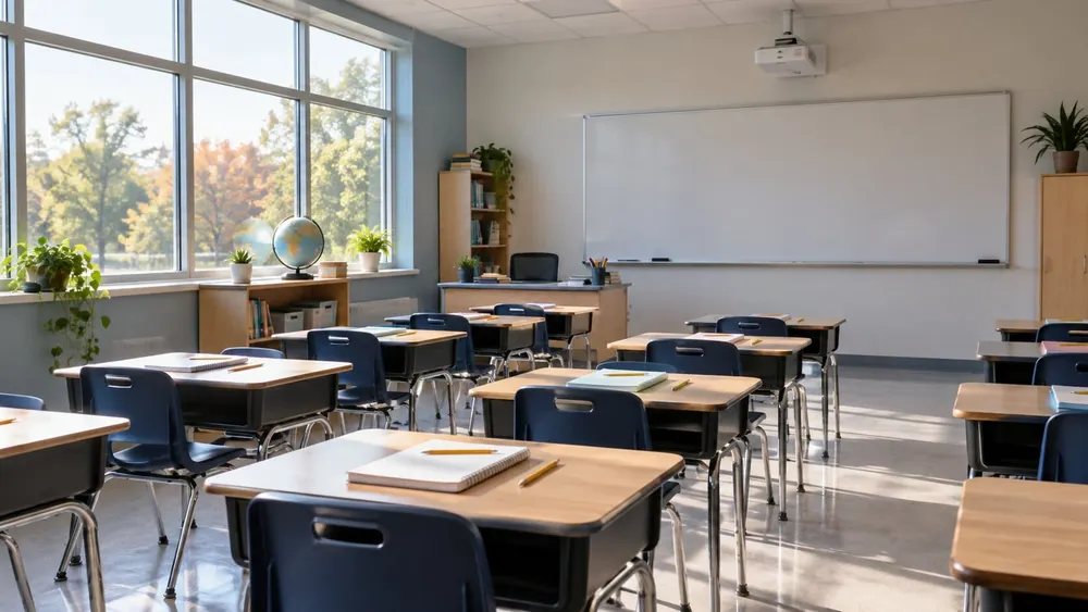 Illustrative empty Delaware classroom with rows of desks and notebooks in soft morning light.
