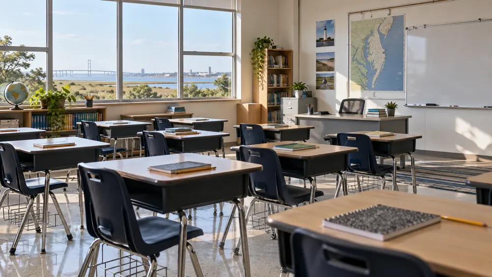 An empty, naturally lit Delaware public-school classroom prepared for a new academic program.