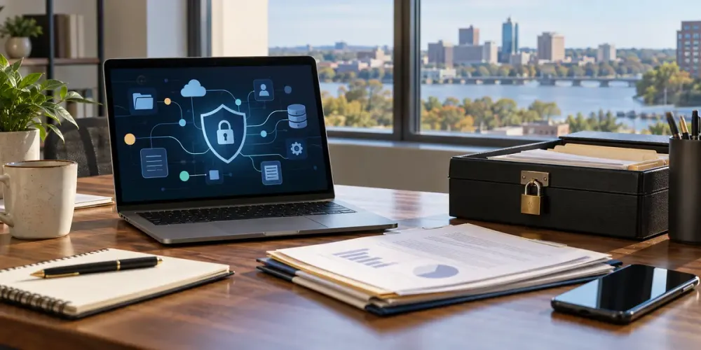 A laptop displays abstract privacy controls beside secured documents in a Delaware business office.