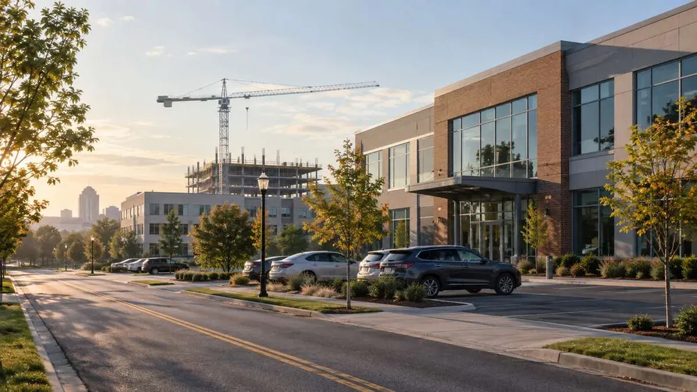 A Delaware-area commercial district with office buildings, parked commuter vehicles and a construction crane in soft morning light.