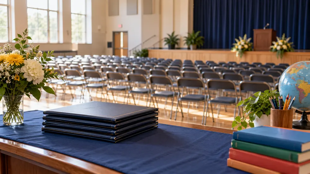 Illustrative empty school auditorium set for graduation with plain diploma folders and unbranded learning materials.