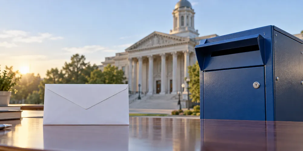 A sealed blank ballot-style envelope beside a secure drop box with a blurred courthouse in the background.