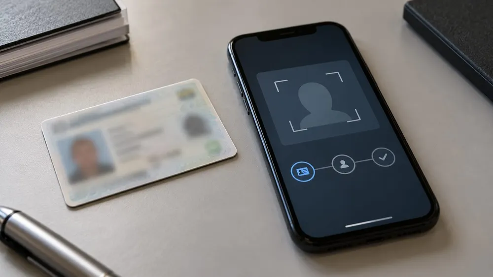 Illustrative smartphone identity-verification screen beside a blurred government identification card