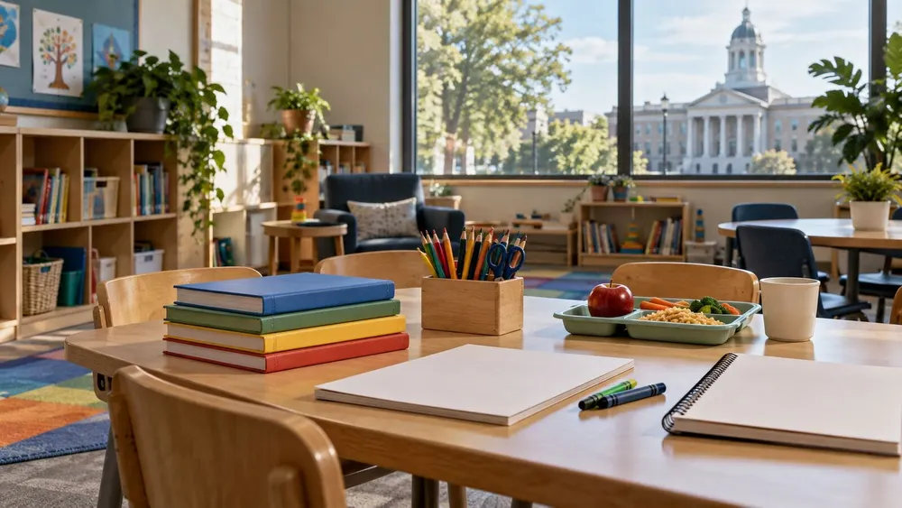 An empty early-learning classroom with a civic courthouse visible through the window.