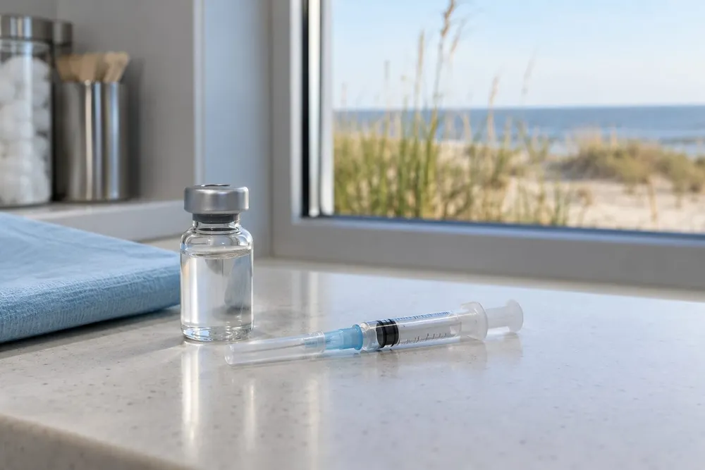 An unlabeled vaccine vial and capped syringe on a clinic counter with coastal dunes visible outside.