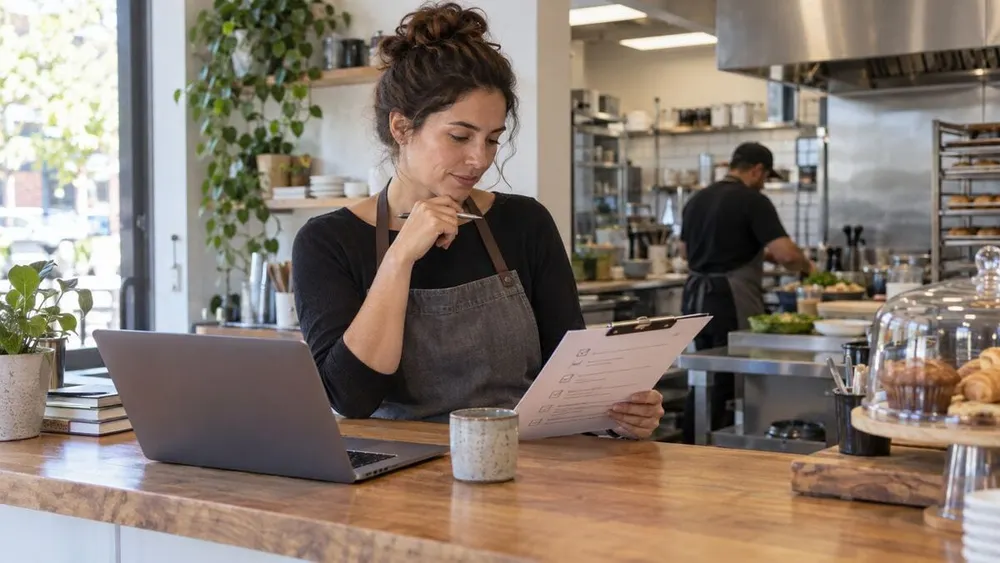 Small café owner reviewing an inspection checklist beside a laptop