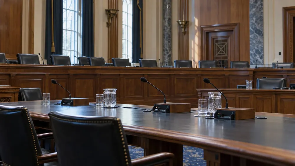 An empty congressional committee hearing room with microphones and witness tables prepared before a session.