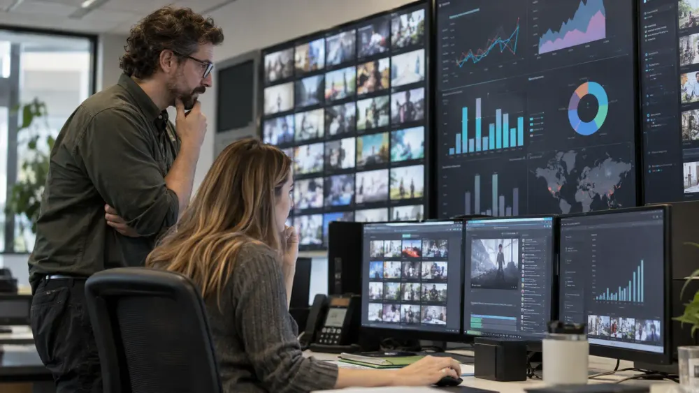 Two media product professionals review anonymous streaming analytics in a modern unbranded operations room.
