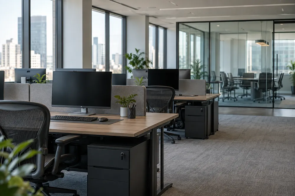 AI-generated conceptual image of unoccupied office workstations; not an actual Disney workplace.