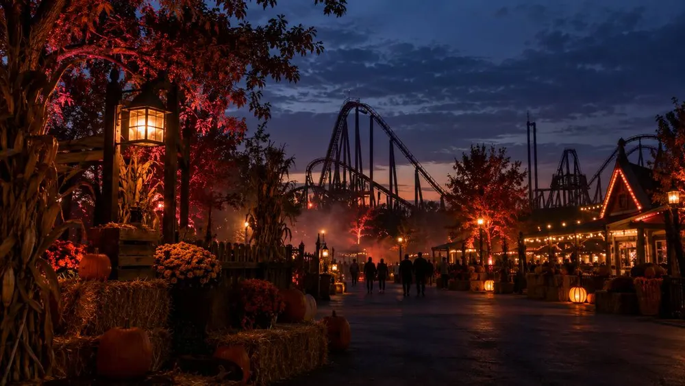 An autumn amusement park midway at dusk with pumpkins, warm lights and a roller coaster silhouette