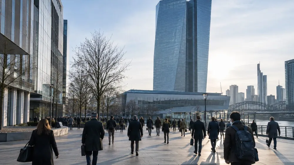 Commuters walking through Frankfurt's modern financial district in cool morning light