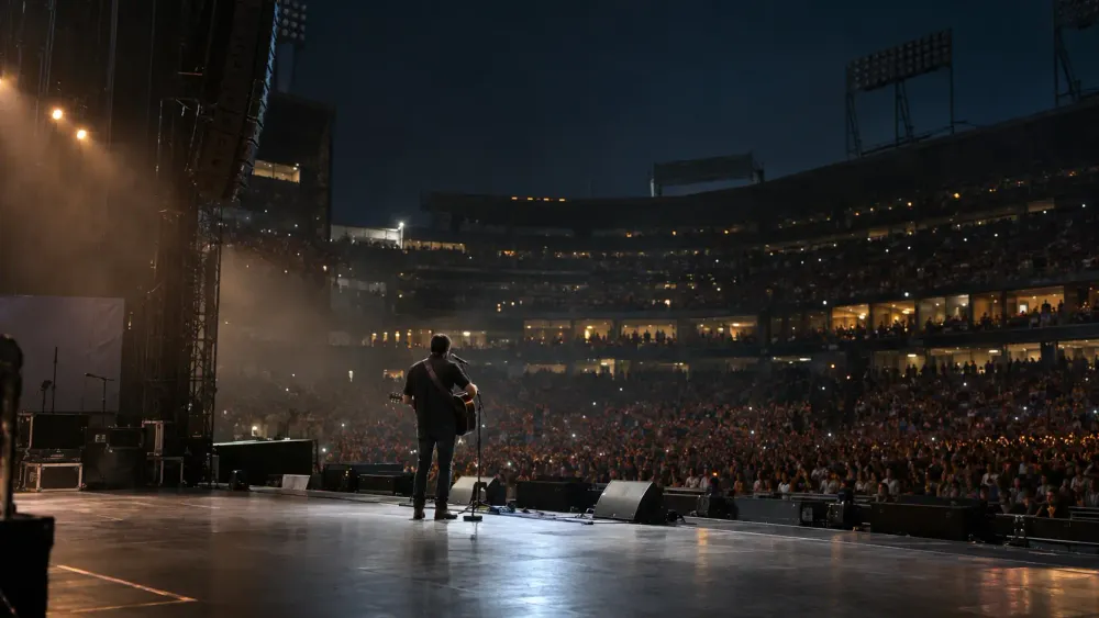A lone guitarist performs before a stadium audience in a representative concert scene.