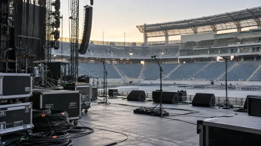 An empty unbranded stadium concert stage prepared with microphones, road cases and audio equipment at dawn.