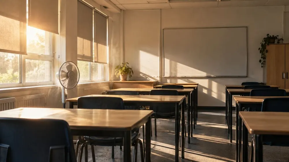 Sunlit empty classroom with closed blinds and desks during extreme heat