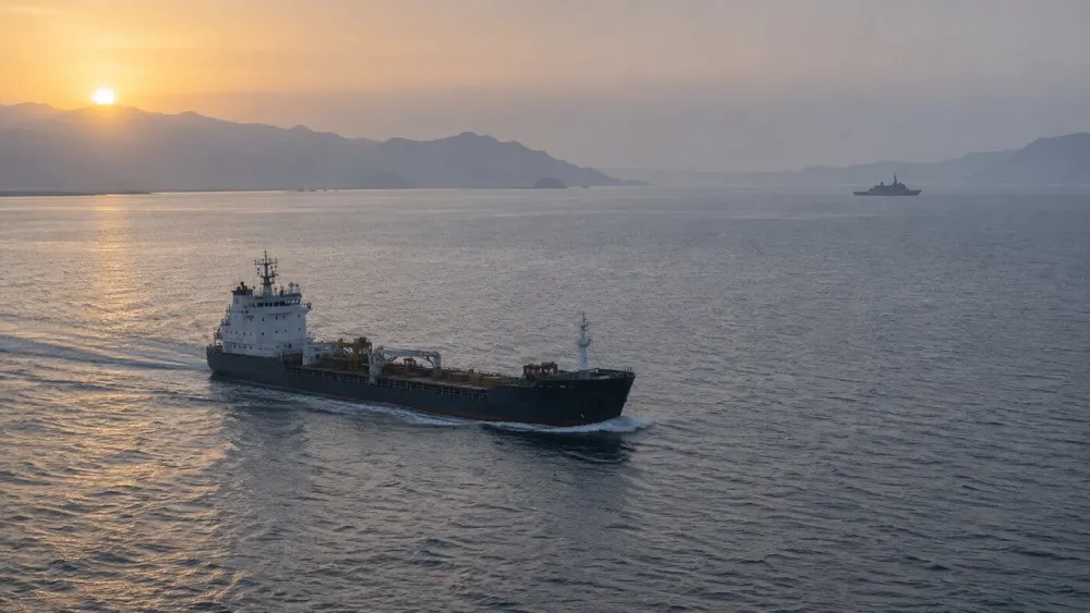 An unmarked commercial support vessel underway in a hazy strait at dawn with a distant naval silhouette.
