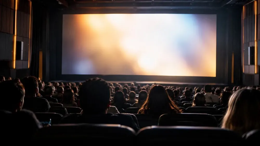 Moviegoers seated in a modern cinema auditorium facing a softly illuminated screen