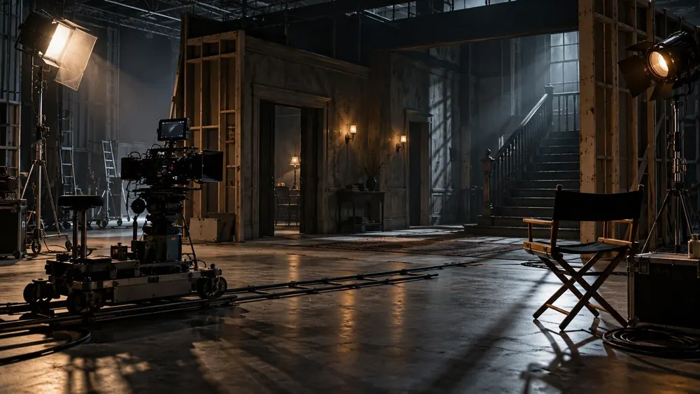 A cinema camera and director’s chair on a dimly lit psychological horror film set