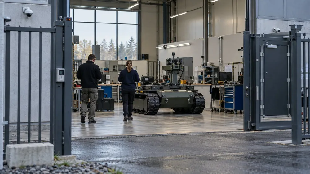 Technicians walk through a secured industrial workshop containing an unmanned ground robotics platform.