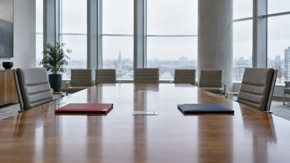 An unbranded diplomatic conference table with two document folders and empty chairs.