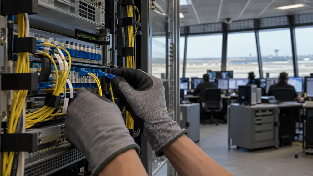 A technician checks fiber-optic connections beside an air traffic control room.