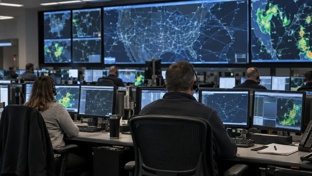 Air traffic operations staff monitor flight paths and weather systems in a modern control center