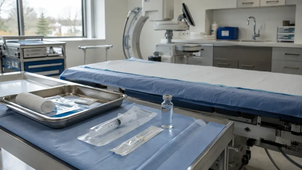 An unbranded neurology procedure room prepared for an intrathecal treatment in natural daylight