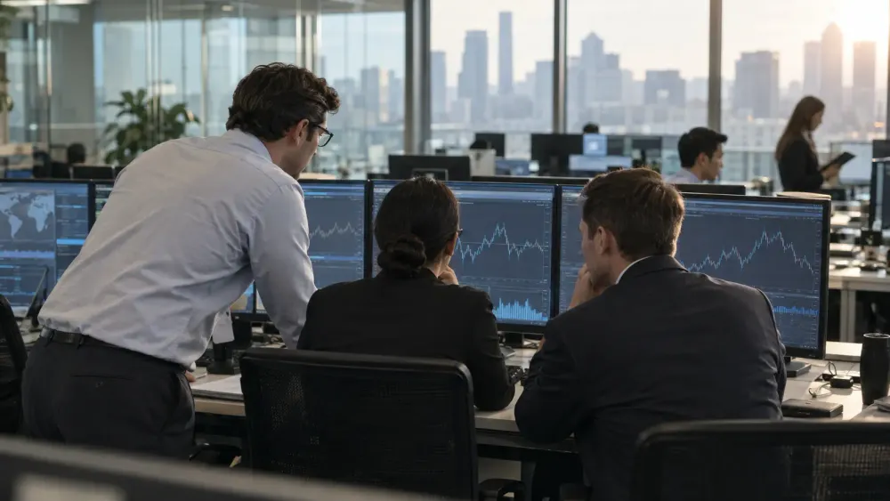 Financial risk professionals review market data on monitors in a modern trading office.